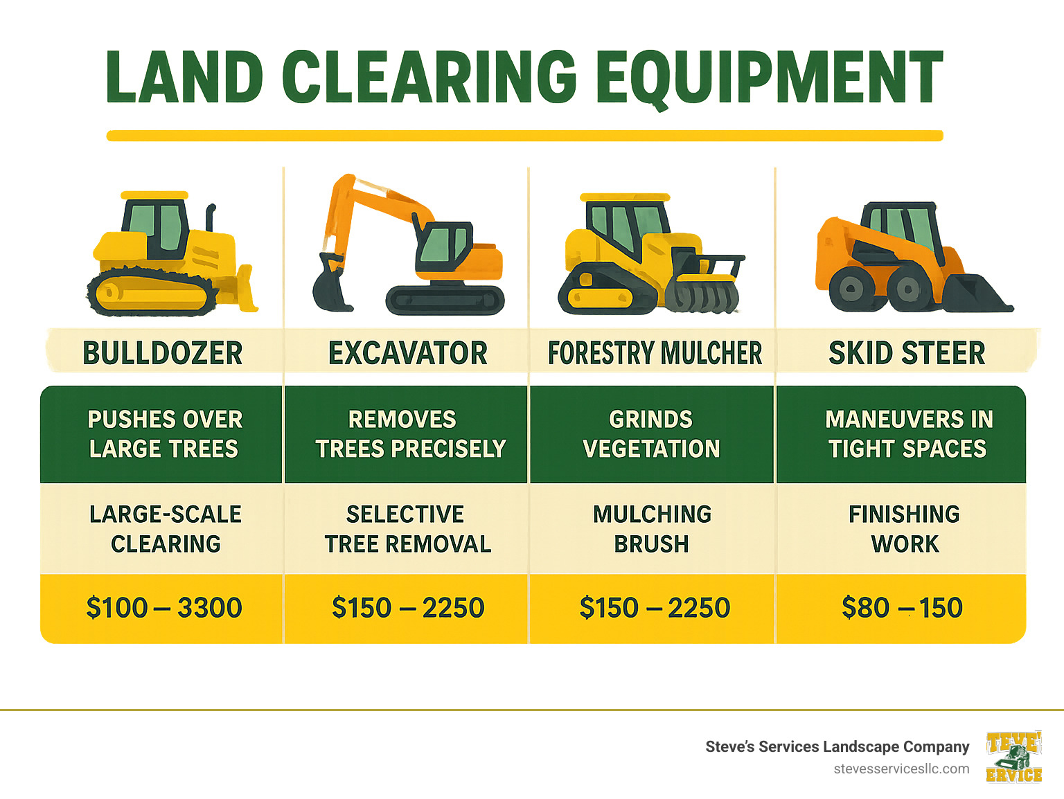 Infographic comparing different clearing equipment types, their capabilities, optimal use cases, and cost ranges per hour of operation - Land clearing and grading infographic 