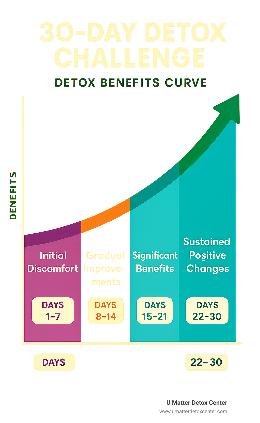Infographic showing the detox benefits curve over 30 days, with initial discomfort in days 1-7, gradual improvements in days 8-14, significant benefits emerging in days 15-21, and sustained positive changes in days 22-30 - 30 day detox challenge infographic 