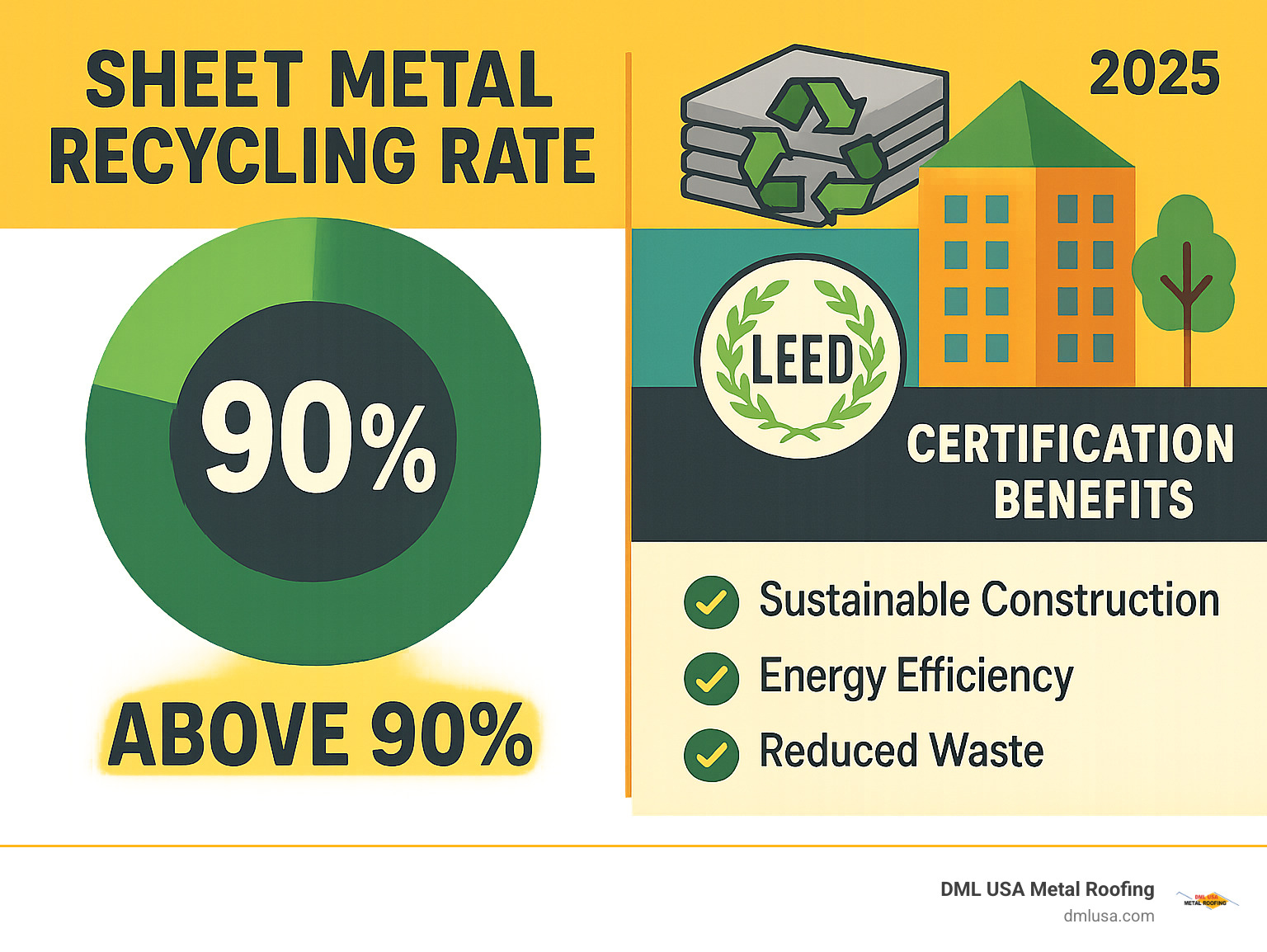 Statistics showing sheet metal recycling rates above 90% and LEED certification benefits for sustainable construction - sheet metal infographic 