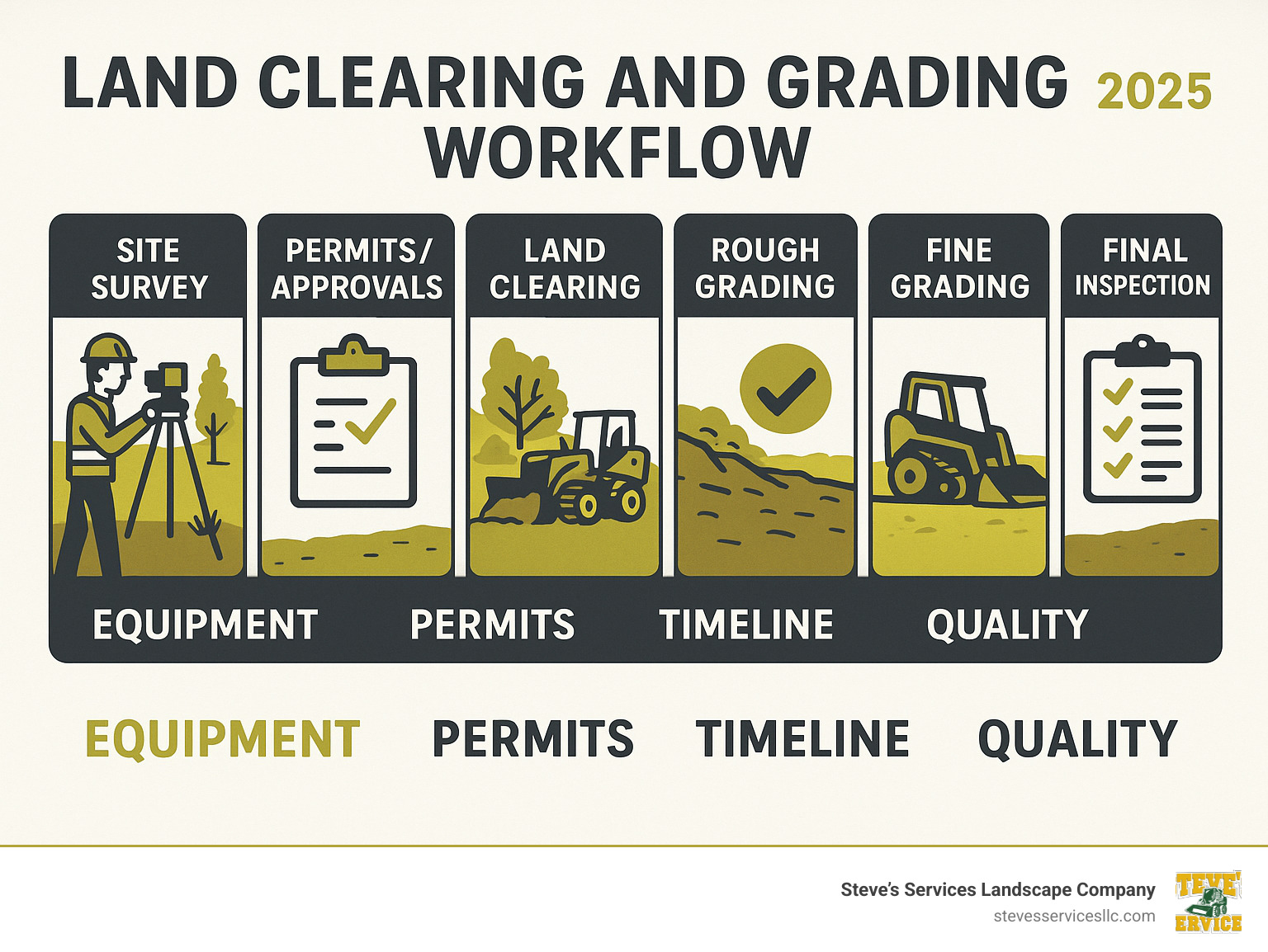 Comprehensive infographic showing the complete land clearing and grading workflow from initial site survey through final inspection, including equipment types, permit requirements, timeline phases, and quality checkpoints - Land clearing and grading infographic 