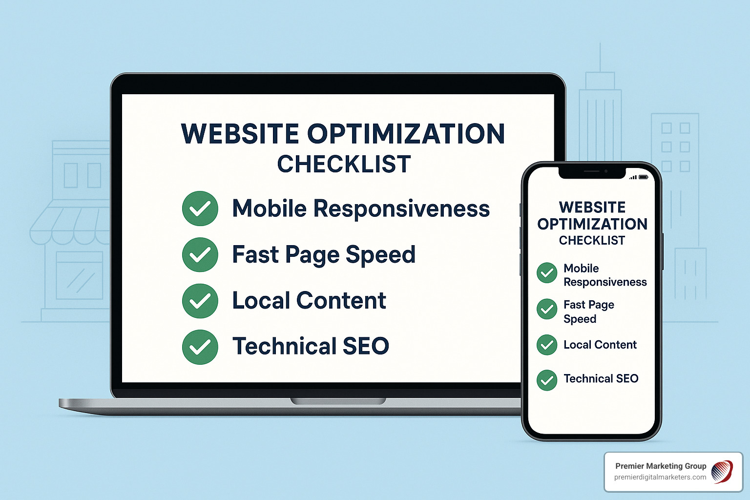 Website optimization checklist showing mobile responsiveness, page speed, local content, and technical SEO elements - local search visibility