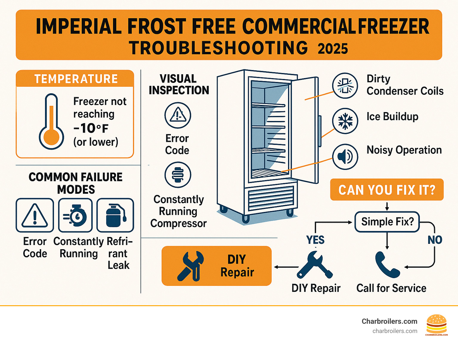 Detailed infographic showing imperial frost free commercial freezer troubleshooting flowchart with temperature checks, visual inspection points, common failure modes, and decision tree for DIY fixes versus professional service calls - imperial frost free commercial freezer infographic 