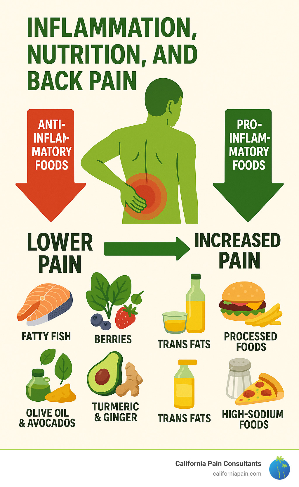 Infographic showing the relationship between inflammation, nutrition, and back pain, with anti-inflammatory foods on one side and pro-inflammatory foods on the other, connected by arrows showing their effects on pain levels - back pain recovery program infographic 