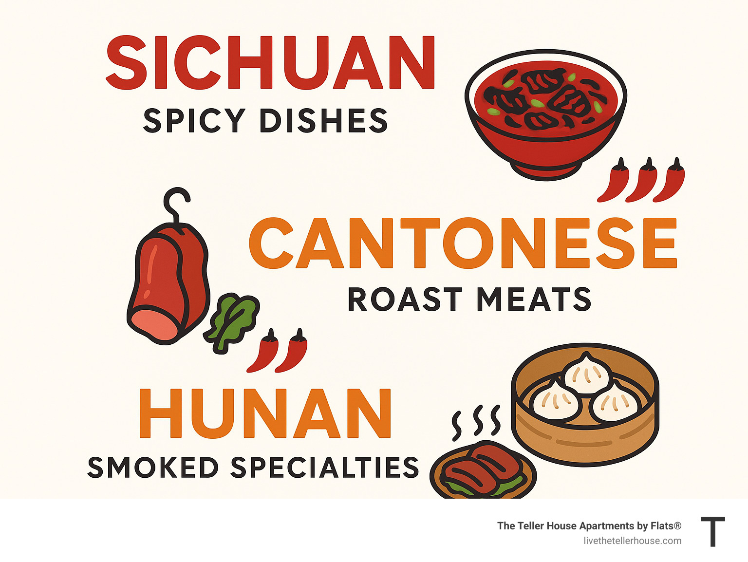 Infographic showing different Chinese regional cuisines available in Uptown Chicago, including Sichuan spicy dishes, Cantonese roast meats, Hunan smoked specialties, and Shanghainese soup dumplings with spice level indicators - best Chinese food Uptown infographic 