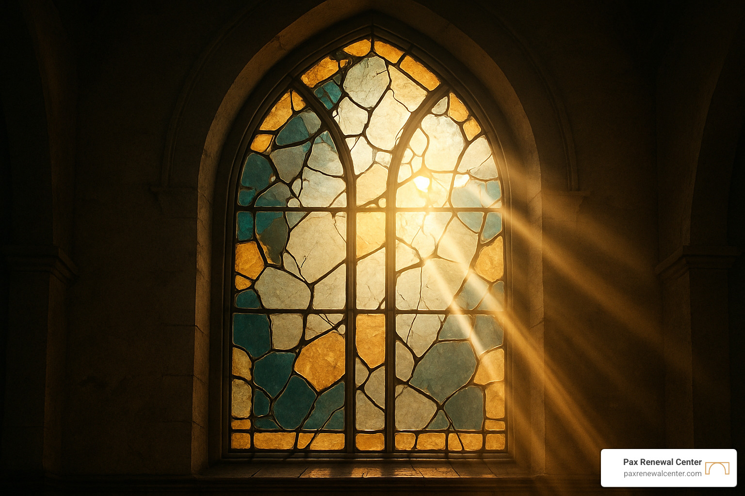 broken stained glass window representing spiritual trauma and the need for healing - faith based trauma therapy