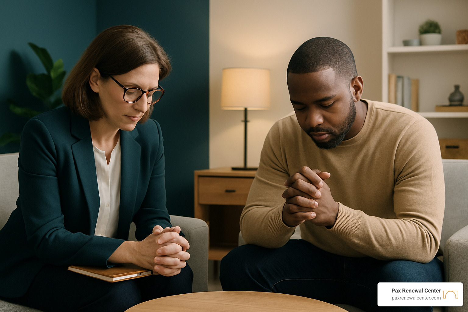 therapist and client in prayer during counseling session - faith based trauma therapy