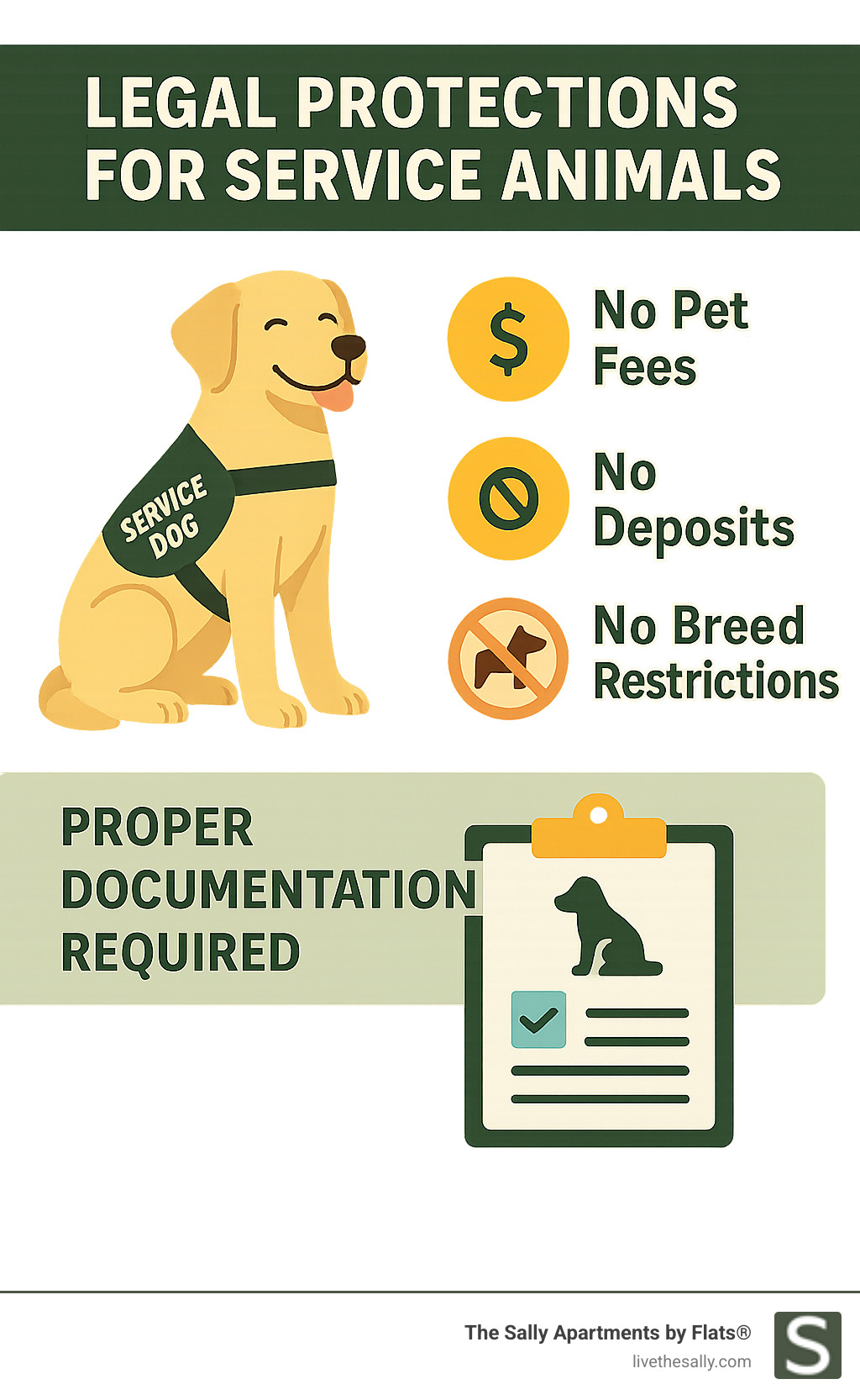 Infographic showing legal protections for service animals, including exemptions from pet fees, deposits, and breed restrictions, with proper documentation requirements - chicago apartments dog friendly infographic 
