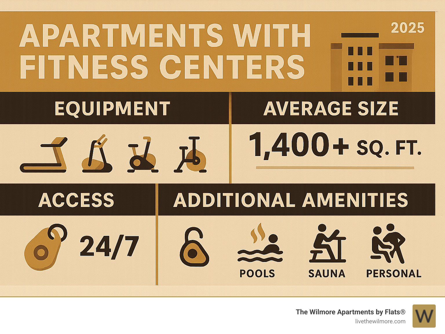Comprehensive breakdown of apartment fitness center amenities including equipment types, average square footage, access policies, and additional wellness features commonly found in modern residential buildings - apartments with fitness center infographic 