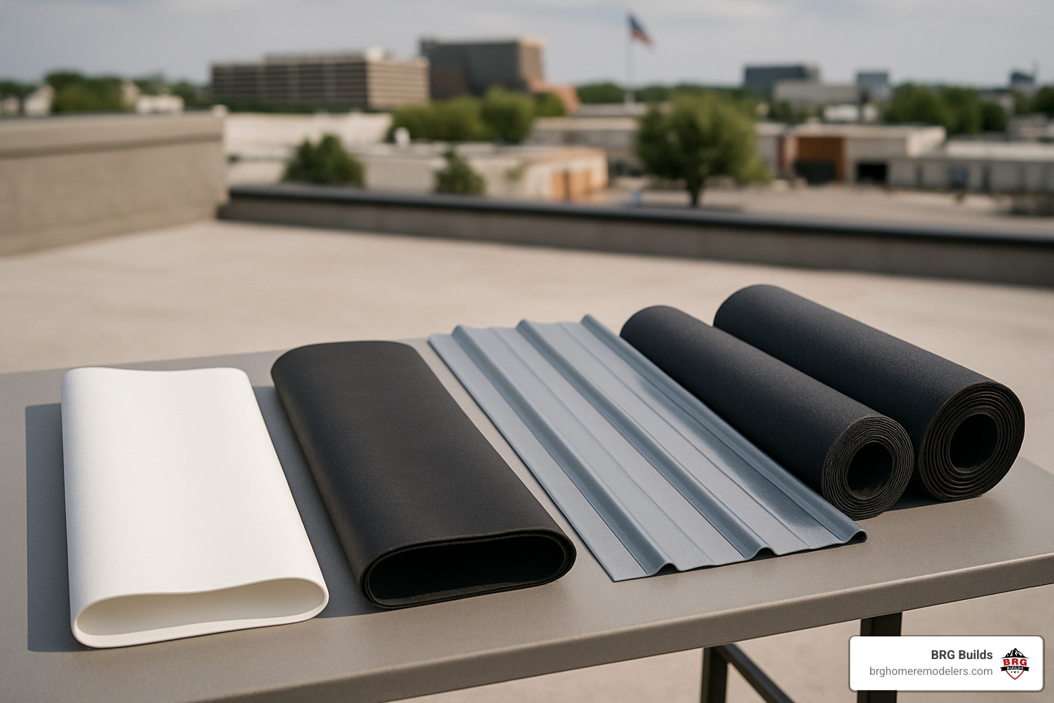 Various commercial roofing material samples laid out showing TPO, EPDM, metal, and modified bitumen options - commercial roofing services Littleton