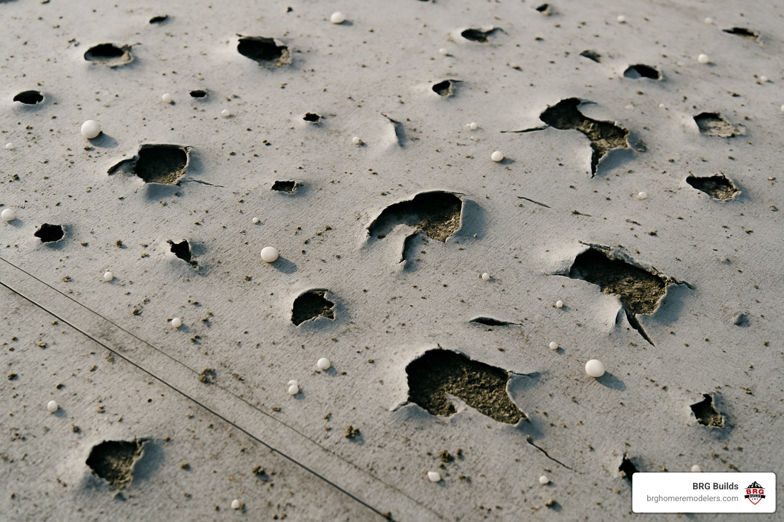 Close-up image of hail-damaged commercial roofing membrane showing punctures and tears - commercial roofing services Littleton
