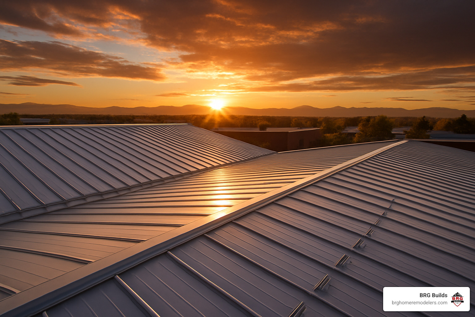 Completed commercial roof installation on Littleton industrial building gleaming in sunset light, showing professional workmanship and quality materials - commercial roofing services Littleton