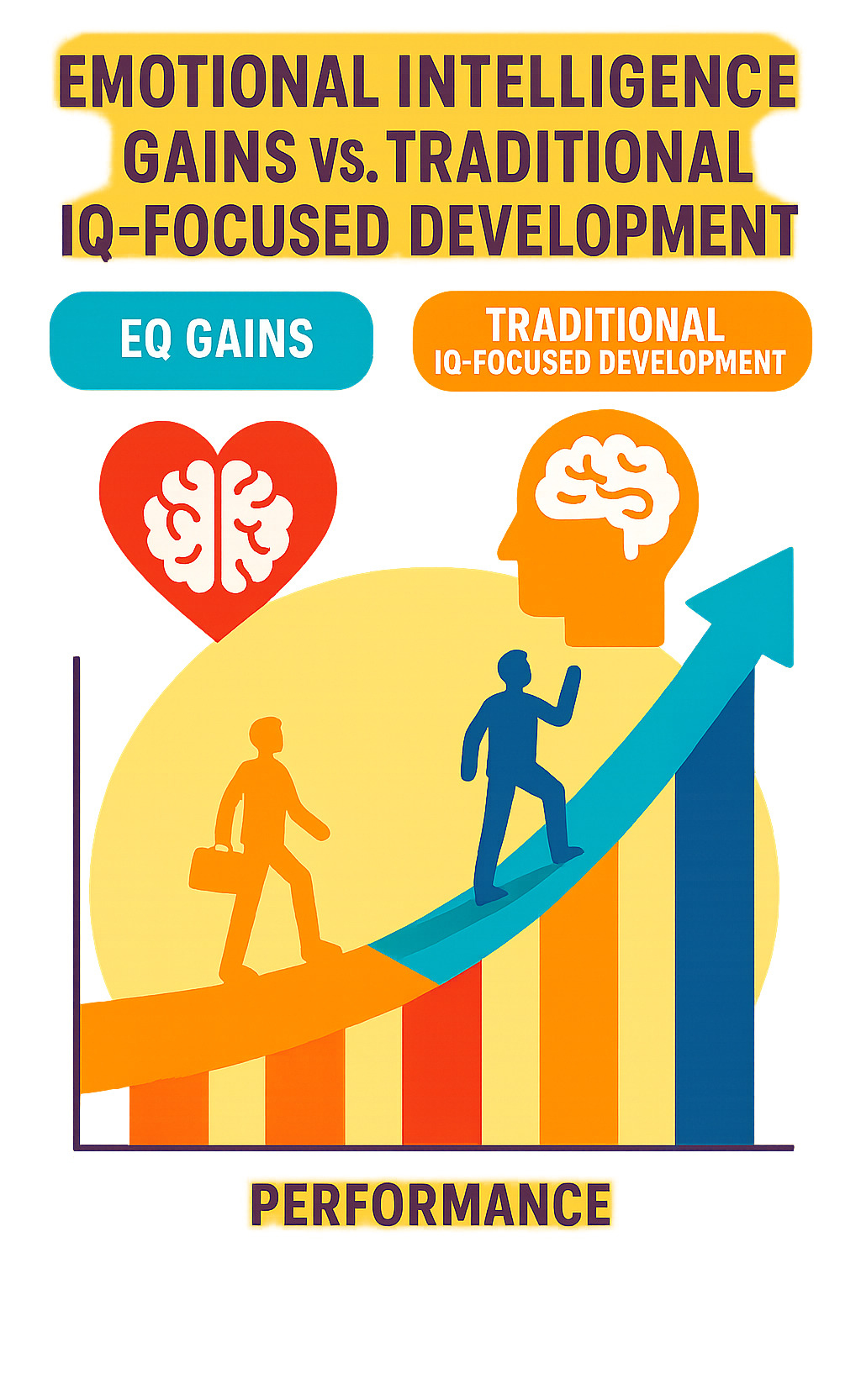 Infographic comparing emotional intelligence gains versus traditional IQ-focused development, showing superior performance outcomes for EQ-improved leaders - pedrovazpaulo coaching infographic 