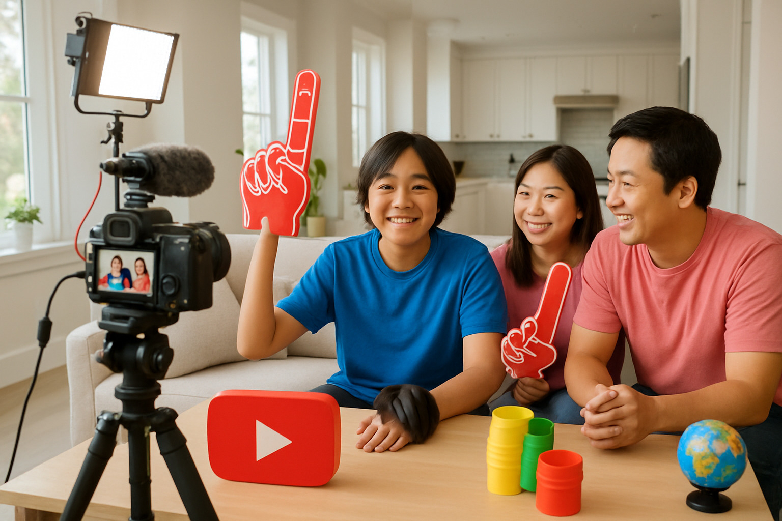 Behind-the-scenes image of the Kaji family during a content shoot - ryan kaji age