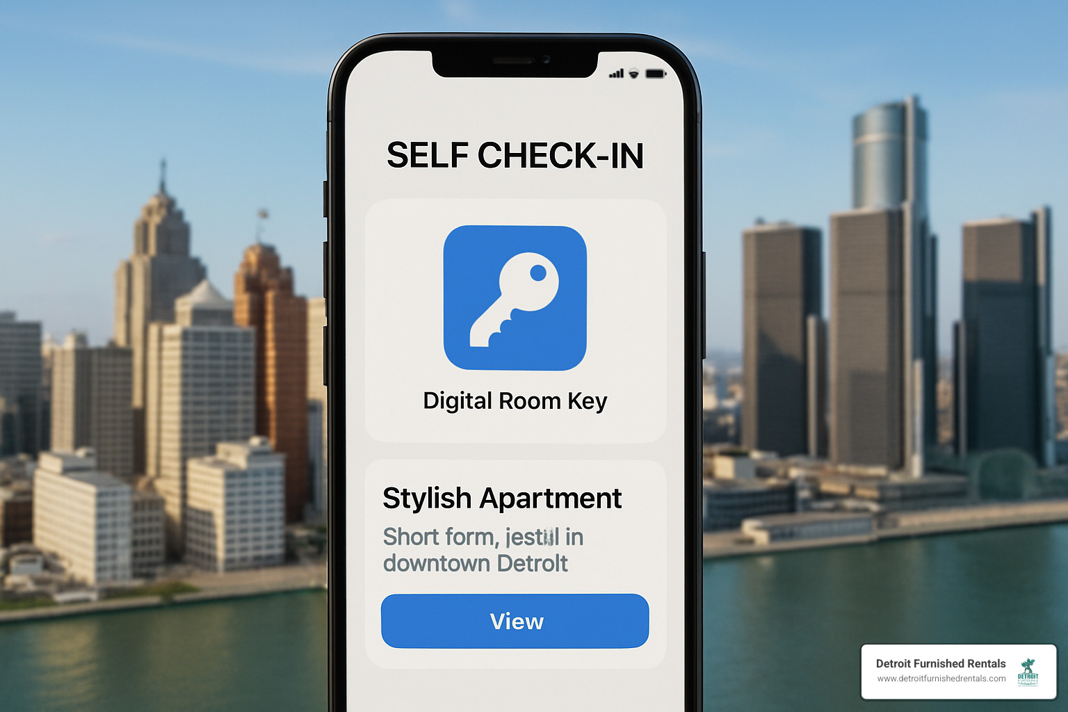 Mobile phone showing self-check-in app interface with digital key access and property information - short term apartments detroit