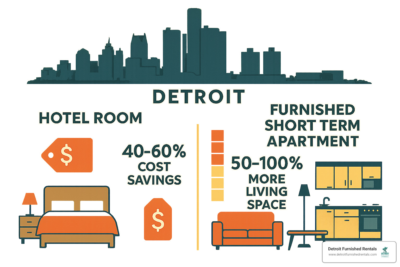 Infographic showing space and cost comparison between hotel rooms and furnished apartments, highlighting 40-60% cost savings and 50-100% more living space - short term apartments detroit infographic