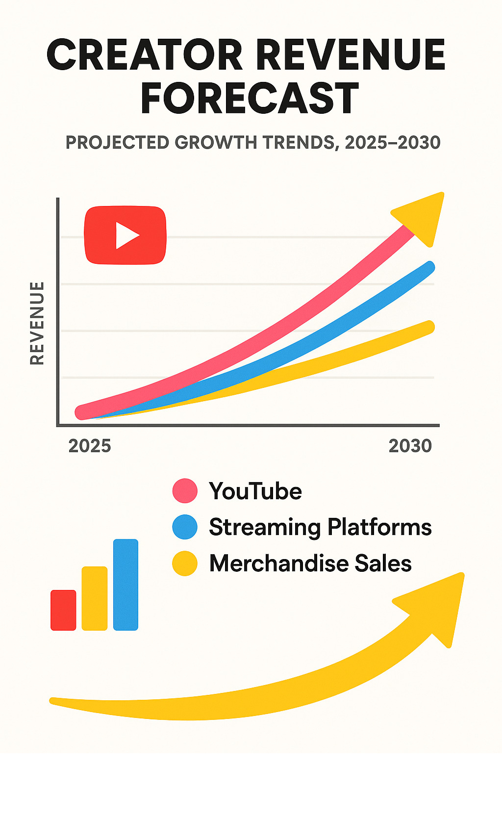 Creator revenue forecast showing projected growth trends for YouTube, streaming platforms, and merchandise sales from 2025-2030 - jack doherty net worth infographic 