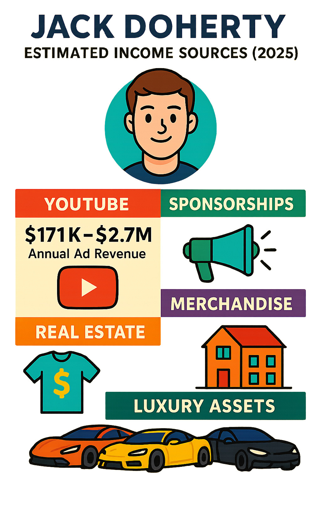 Detailed breakdown of Jack Doherty's estimated income sources including YouTube ad revenue ranging from $171K-$2.7M annually, sponsorship deals, merchandise sales, real estate investments, and luxury asset valuations - jack doherty net worth infographic 