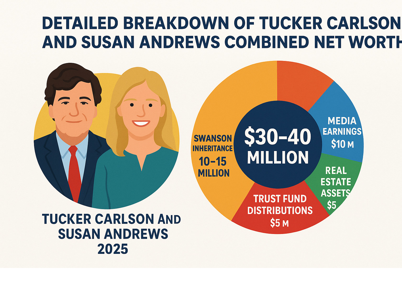Detailed breakdown of Tucker Carlson and Susan Andrews combined net worth showing Swanson inheritance, media earnings, real estate assets, and trust fund distributions - tucker carlson wife heiress net worth infographic 