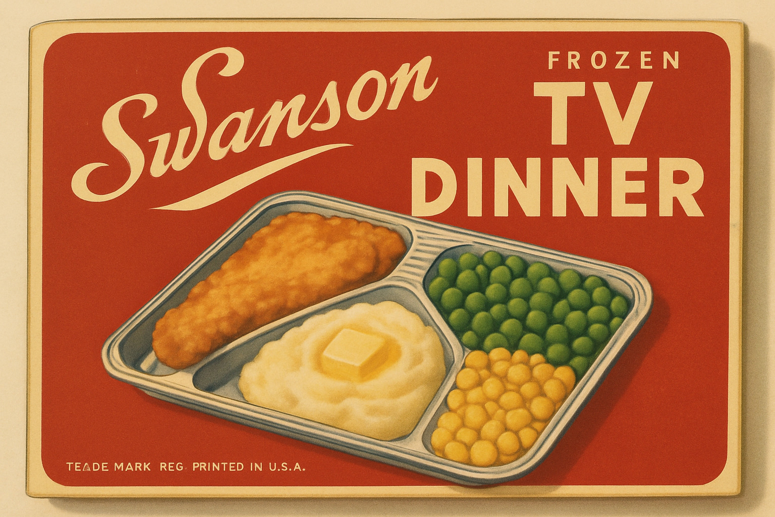Vintage Swanson TV dinner packaging from the 1950s showing the brand that created the frozen food dynasty - tucker carlson wife heiress