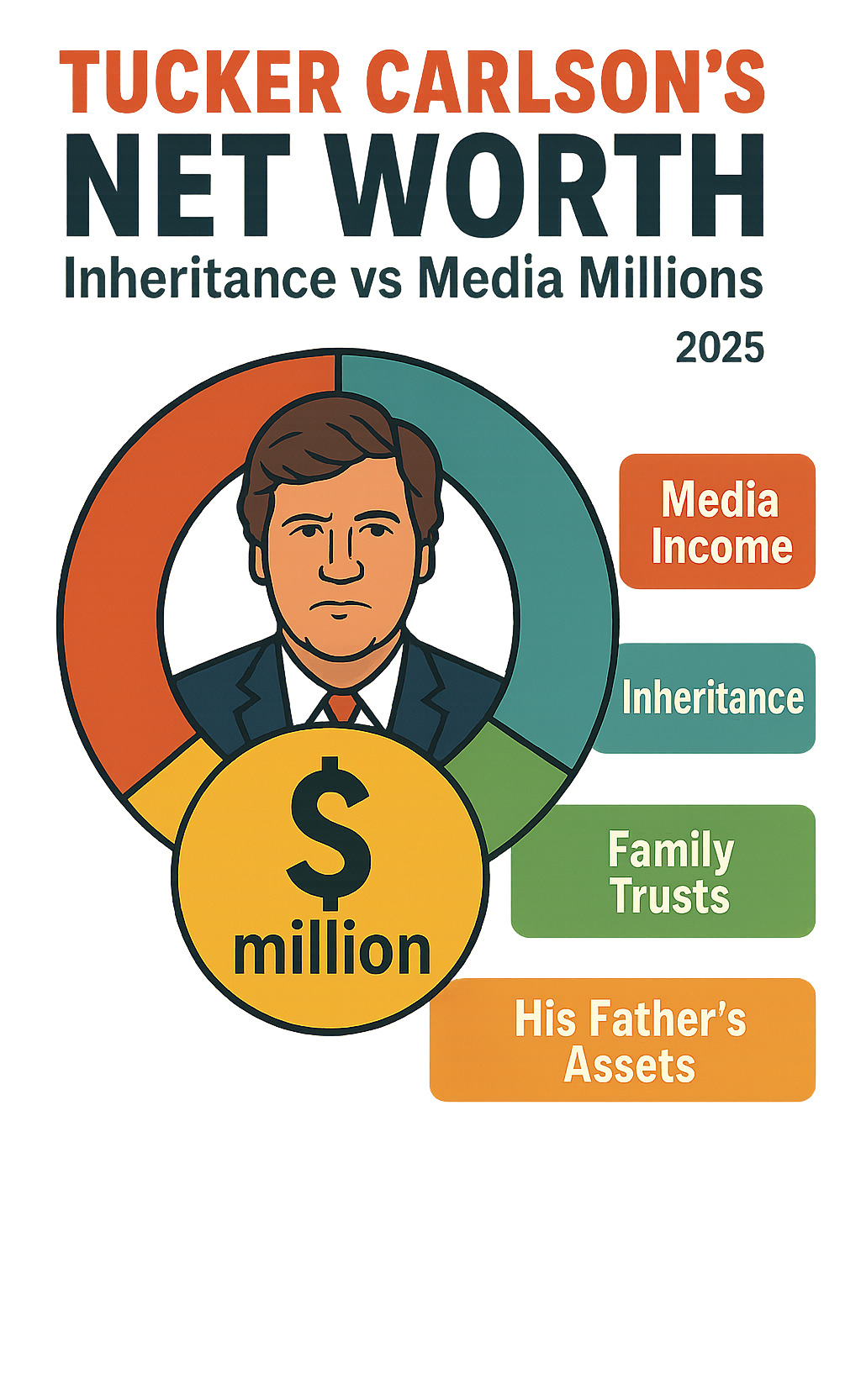 Net worth breakdown chart showing Tucker Carlson's estimated wealth sources - tucker carlson inheritance infographic 