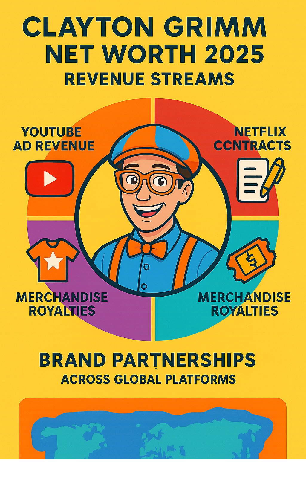 Infographic showing Clayton Grimm's revenue streams including YouTube ad revenue, Netflix contracts, live tour ticket sales, merchandise royalties, and brand partnerships distributed across global platforms - clayton grimm net worth infographic 