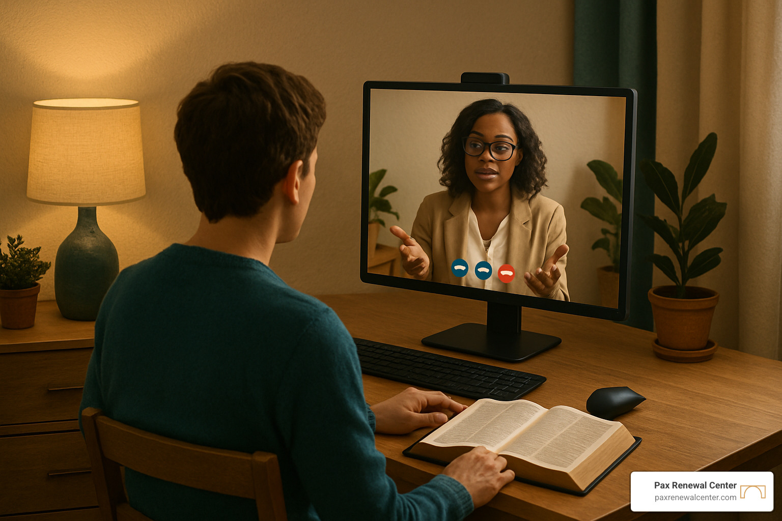 Person at home computer with Bible open, participating in online therapy session with warm lighting and peaceful setting - faith-based therapy online