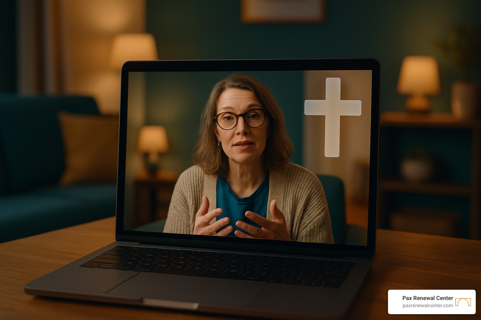 Laptop screen showing video therapy session with subtle cross overlay and warm home environment - faith-based therapy online