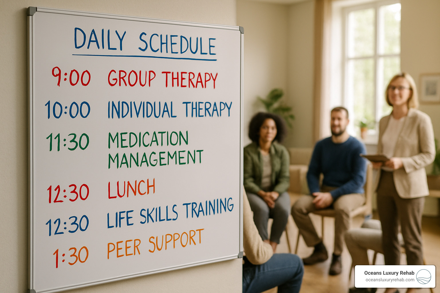 Sample daily schedule board showing a typical mental health PHP day with time blocks for group therapy, individual sessions, medication management, lunch, life skills training, and peer support activities - mental health php
