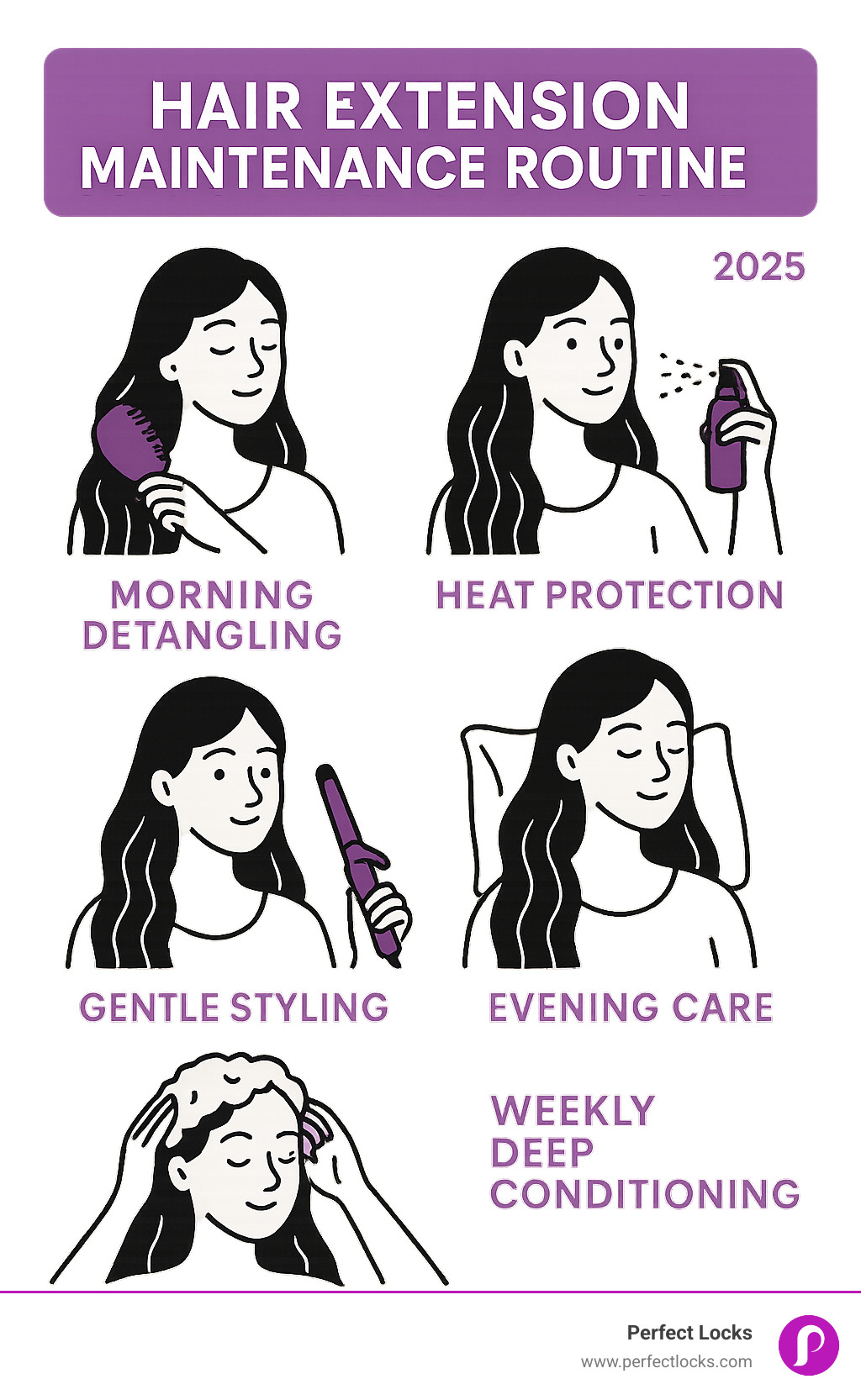 Infographic showing daily hair extension maintenance routine including morning detangling, heat protection application, gentle styling techniques, evening care, and weekly deep conditioning schedule - hair extension store near me infographic