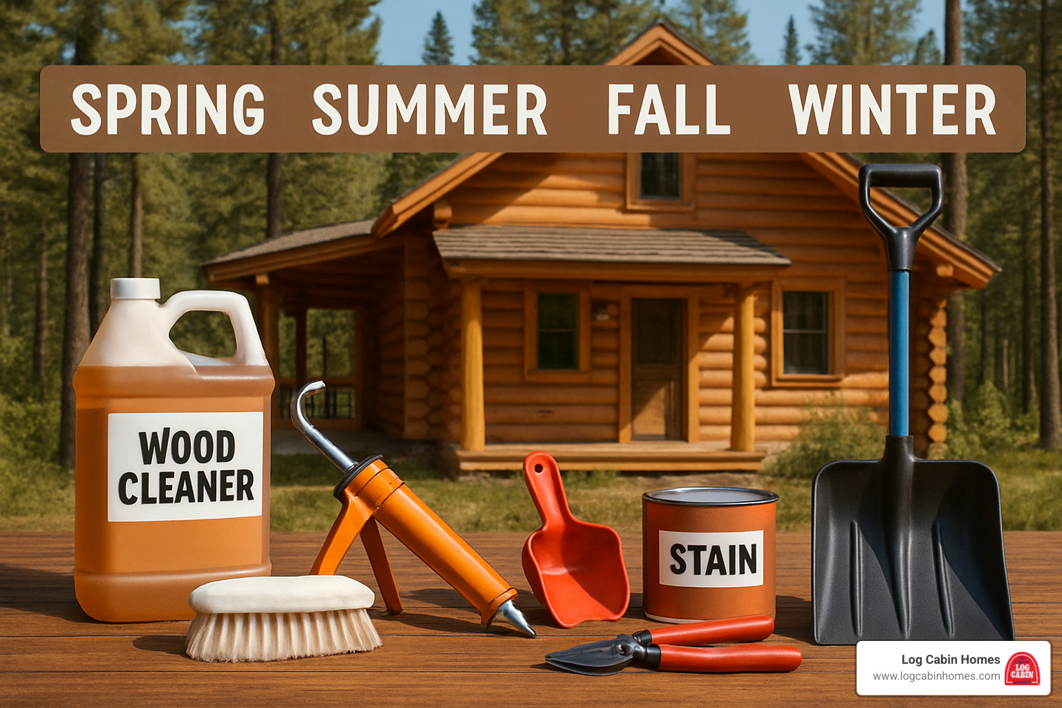 seasonal log home care toolkit with tools and supplies organized by season - log home care