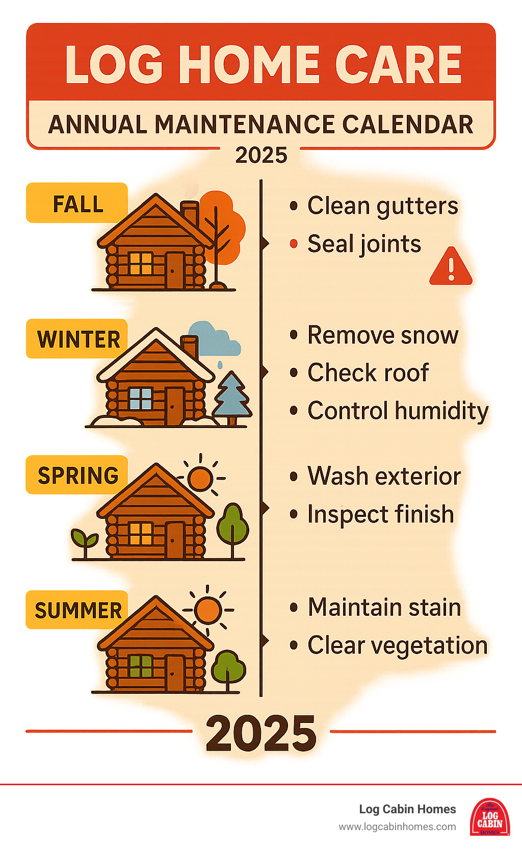 annual maintenance calendar showing seasonal log home care tasks with timeline and priority indicators - log home care infographic 