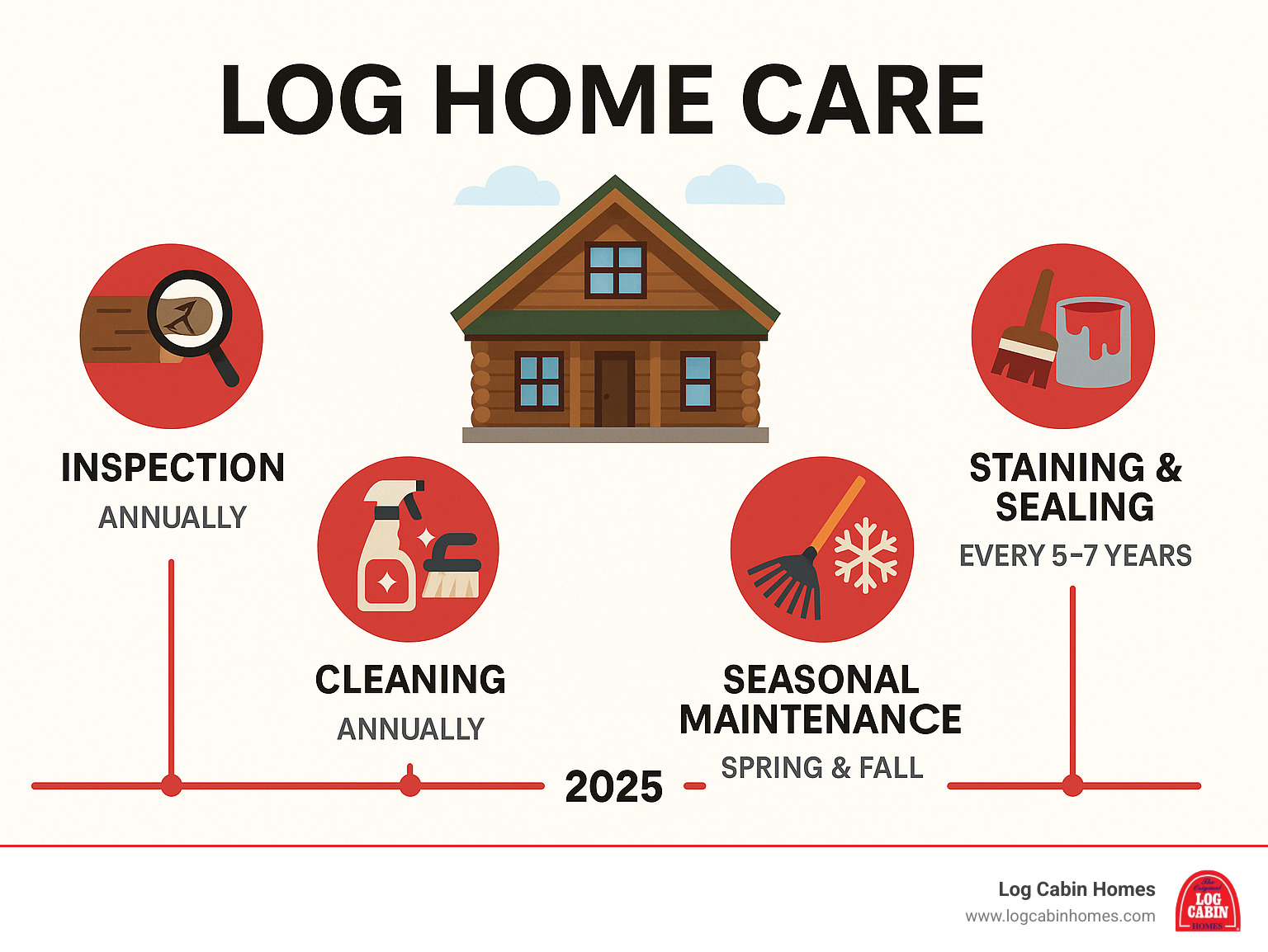 detailed infographic showing log home care lifecycle from initial inspection through cleaning, staining, sealing, and seasonal maintenance tasks with timeline indicators - log home care infographic 