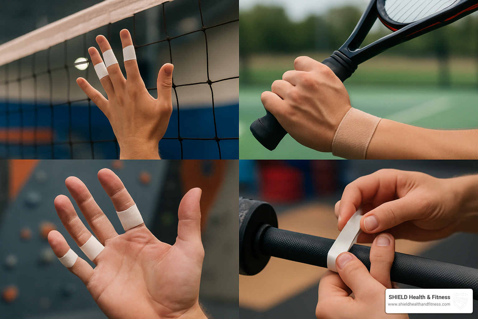 Montage showing different sports applications of hand taping including volleyball, tennis, climbing, and weightlifting - athletic tape for hands