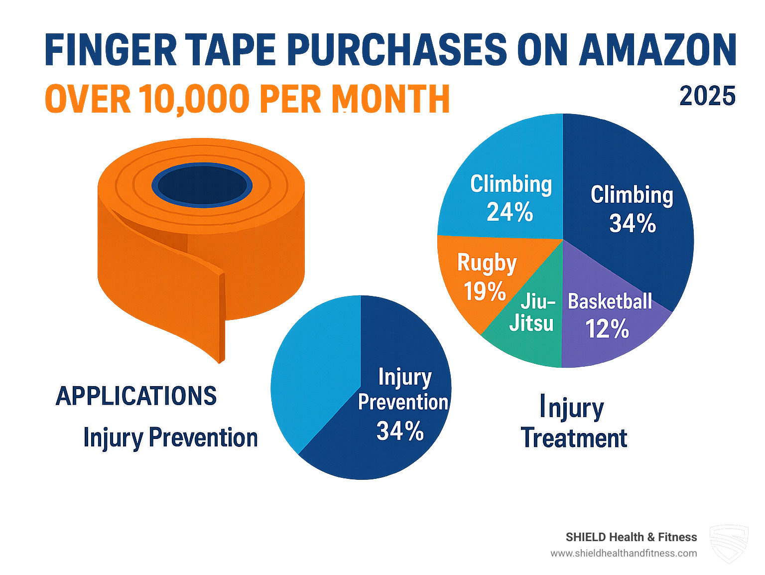 Statistical infographic showing that over 10,000 units of finger tape are purchased monthly on Amazon, with breakdown by sport usage and injury prevention vs. treatment applications - athletic tape for hands infographic 