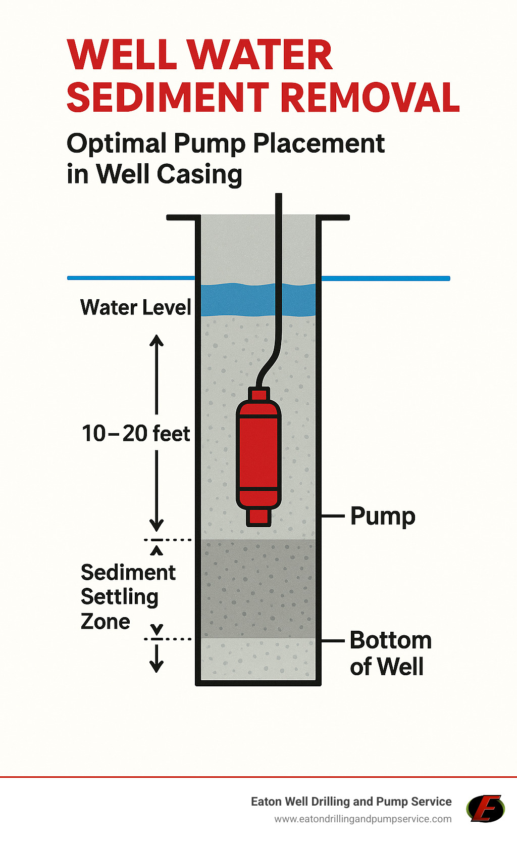 Detailed infographic showing optimal pump placement in well casing, with measurements for proper distance from bottom, sediment settling zone, and water level considerations for different well depths - well water sediment removal infographic 