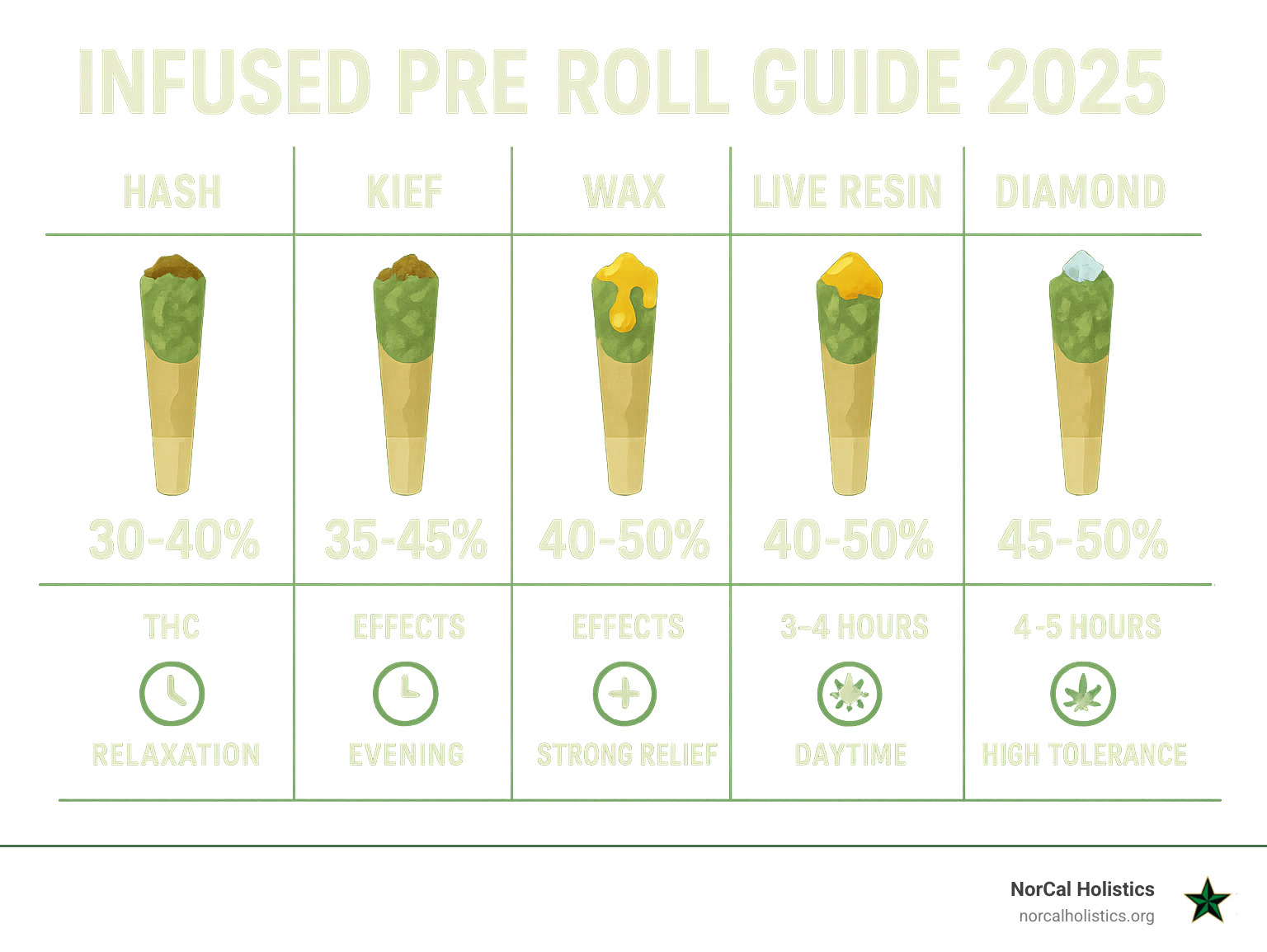 Comprehensive guide showing different types of infused pre-rolls including hash, kief, wax, live resin and diamond infusions with their respective THC percentages, effects duration, and best use cases for Sacramento cannabis consumers - infused pre roll infographic 