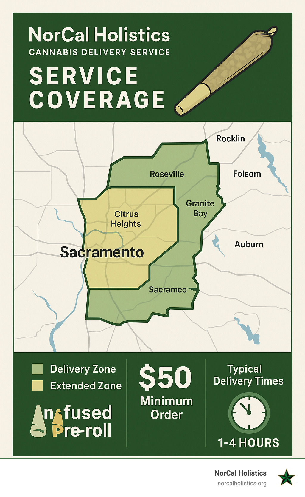 Sacramento cannabis delivery service coverage map showing NorCal Holistics service areas with delivery zones, minimum order requirements, and typical delivery times for infused pre-roll orders - infused pre roll infographic 