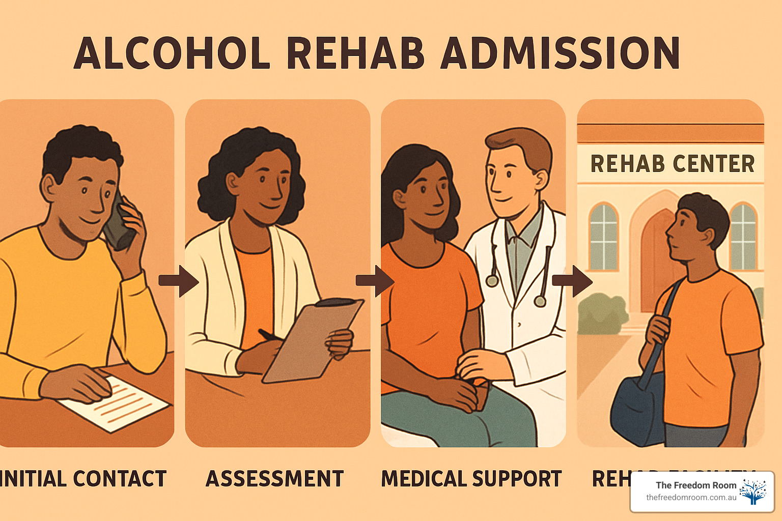 Step-by-step visual timeline showing the typical admission process from initial contact through assessment, preparation, and program entry - alcohol rehab brisbane