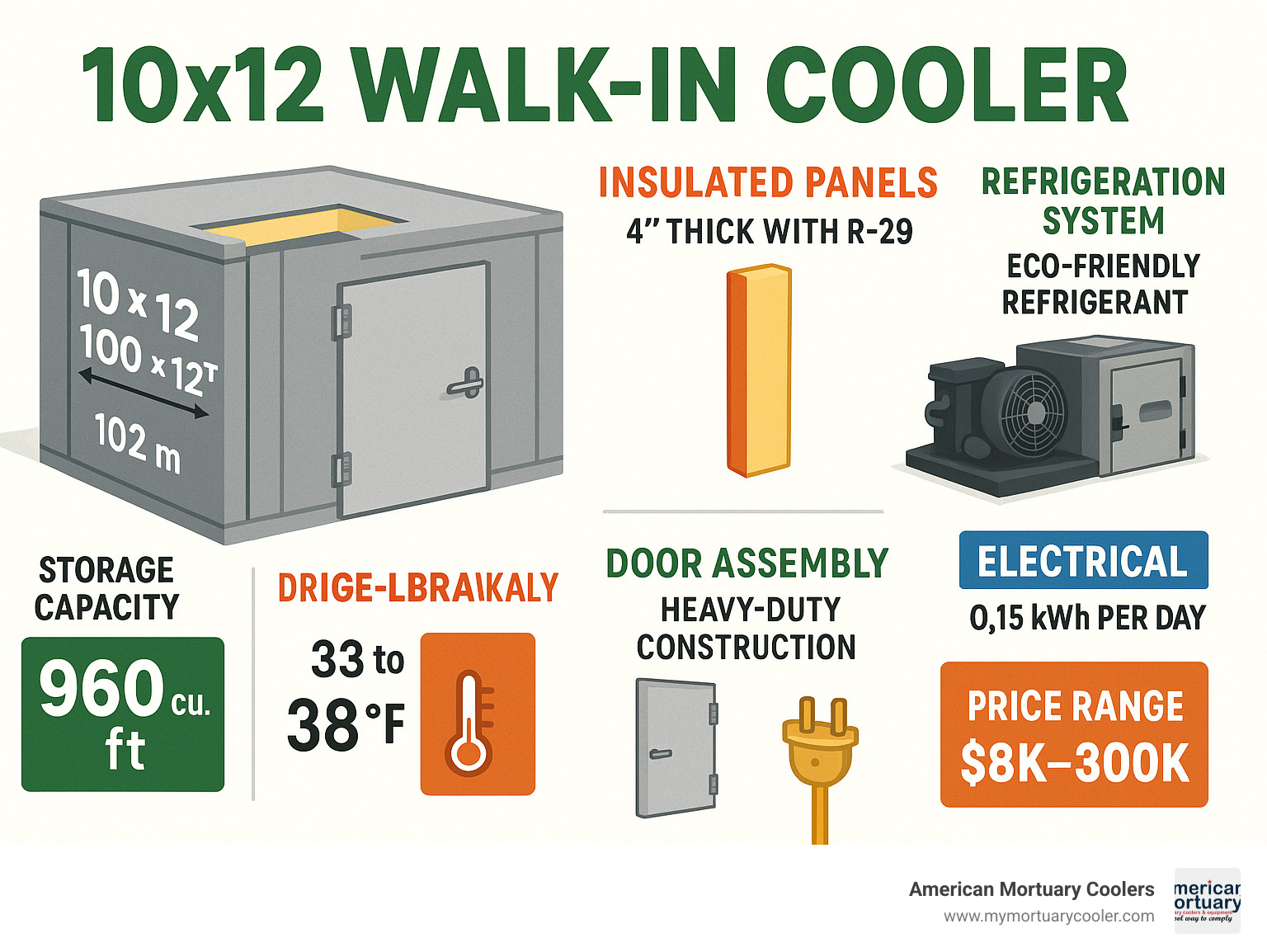 Detailed breakdown of 10x12 walk-in cooler components including insulated panels, refrigeration system, door assembly, and electrical requirements with capacity and efficiency specifications - 10x12 walk in cooler infographic 