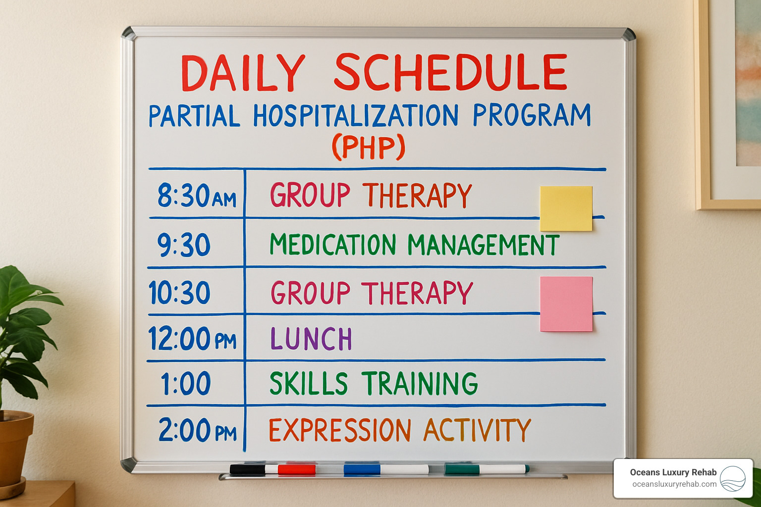daily schedule board showing PHP program hours and activities - partial hospitalization program daily schedule board showing PHP program hours and activities - partial hospitalization program