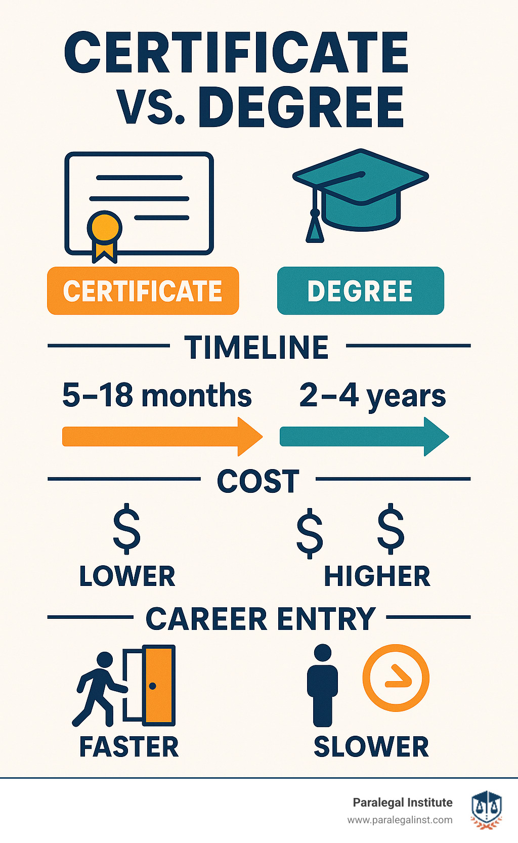 Infographic comparing certificate and degree paths, showing timeline differences (5-18 months vs 2-4 years), cost considerations, and career entry speed - certificate in paralegal infographic  Infographic comparing certificate and degree paths, showing timeline differences (5-18 months vs 2-4 years), cost considerations, and career entry speed - certificate in paralegal infographic