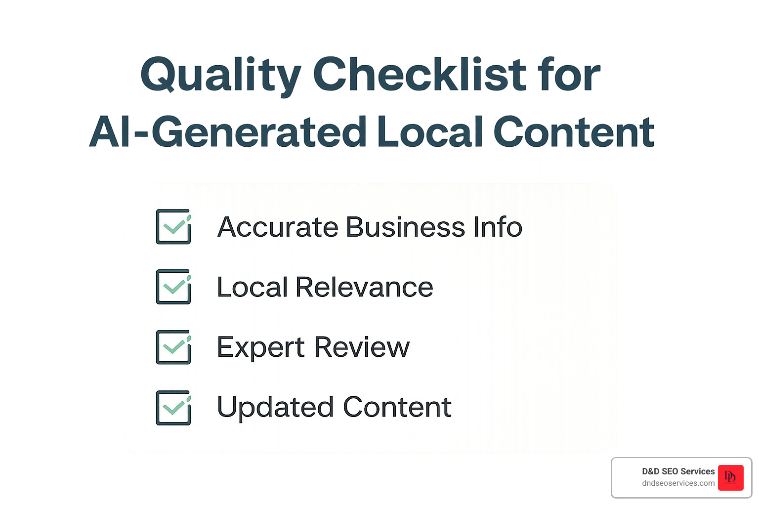 Quality checklist for AI-generated local content - ai seo for local businesses Quality checklist for AI-generated local content - ai seo for local businesses
