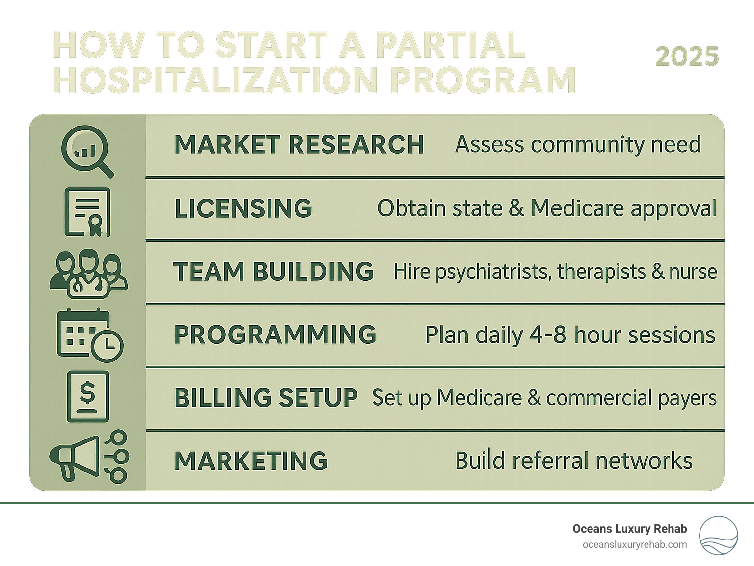 Comprehensive infographic showing the partial hospitalization program startup process including market research phase, licensing requirements, team building with specific roles and ratios, daily programming structure with 4-8 hour sessions, billing setup with Medicare and commercial payers, and marketing strategies for building referral networks - how to start a partial hospitalization program infographic 