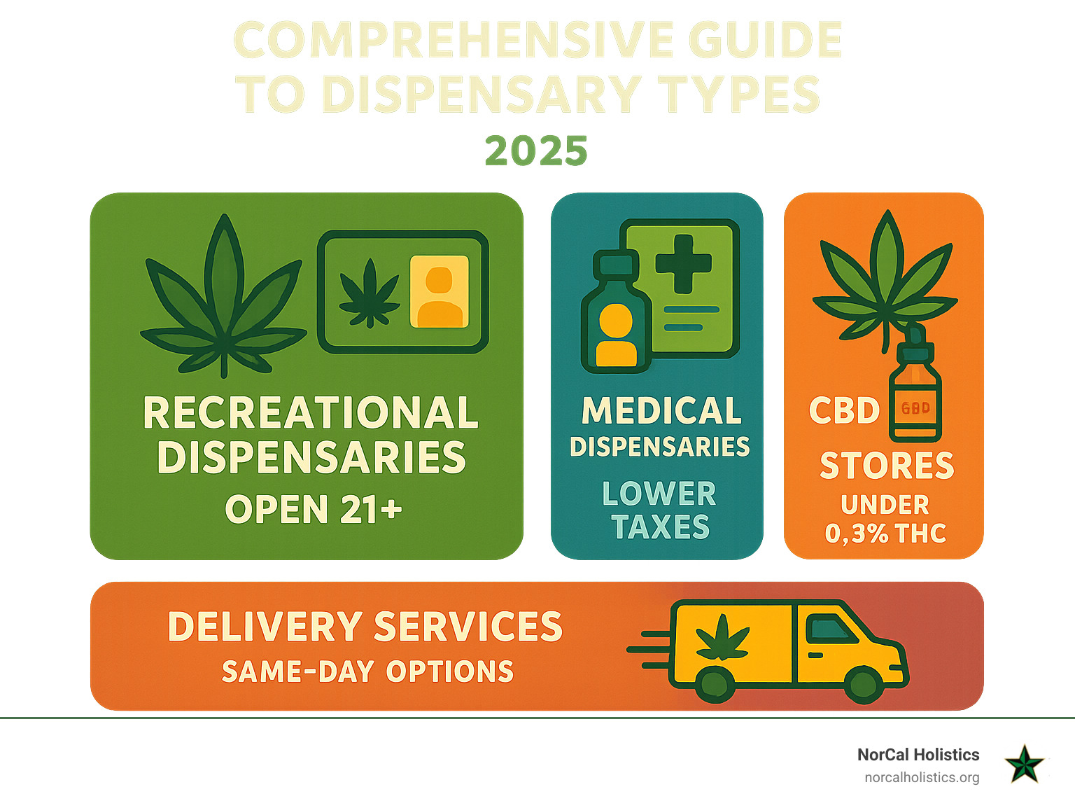 Comprehensive guide to dispensary types showing recreational dispensaries open 21+ with higher taxes, medical dispensaries requiring patient cards with lower taxes, CBD-only stores with hemp products under 0.3% THC, and delivery services offering same-day options - dispensaries open infographic 