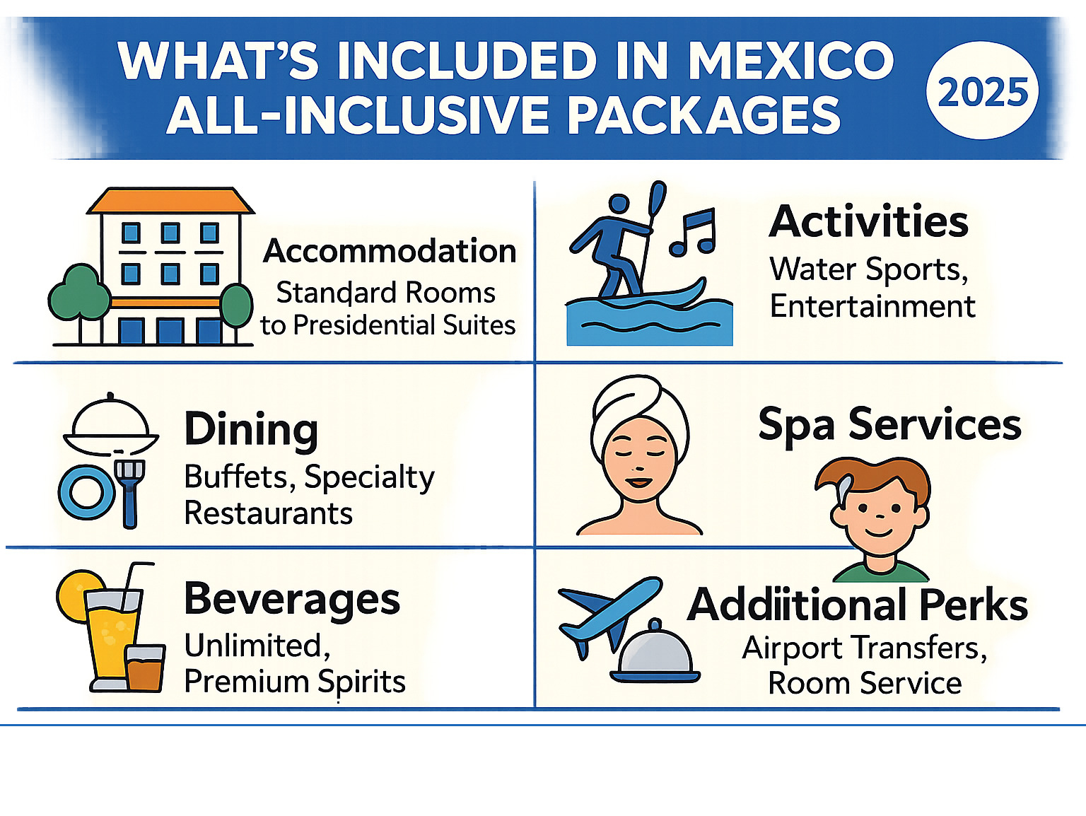 Comprehensive breakdown of what's included in Mexico all-inclusive packages: accommodation types from standard rooms to presidential suites, dining options from buffets to specialty restaurants, unlimited beverages including premium spirits, activities like water sports and entertainment, spa services, kids clubs, and additional perks like airport transfers and room service - all inclusive hotels in mexico infographic  Comprehensive breakdown of what's included in Mexico all-inclusive packages: accommodation types from standard rooms to presidential suites, dining options from buffets to specialty restaurants, unlimited beverages including premium spirits, activities like water sports and entertainment, spa services, kids clubs, and additional perks like airport transfers and room service - all inclusive hotels in mexico infographic