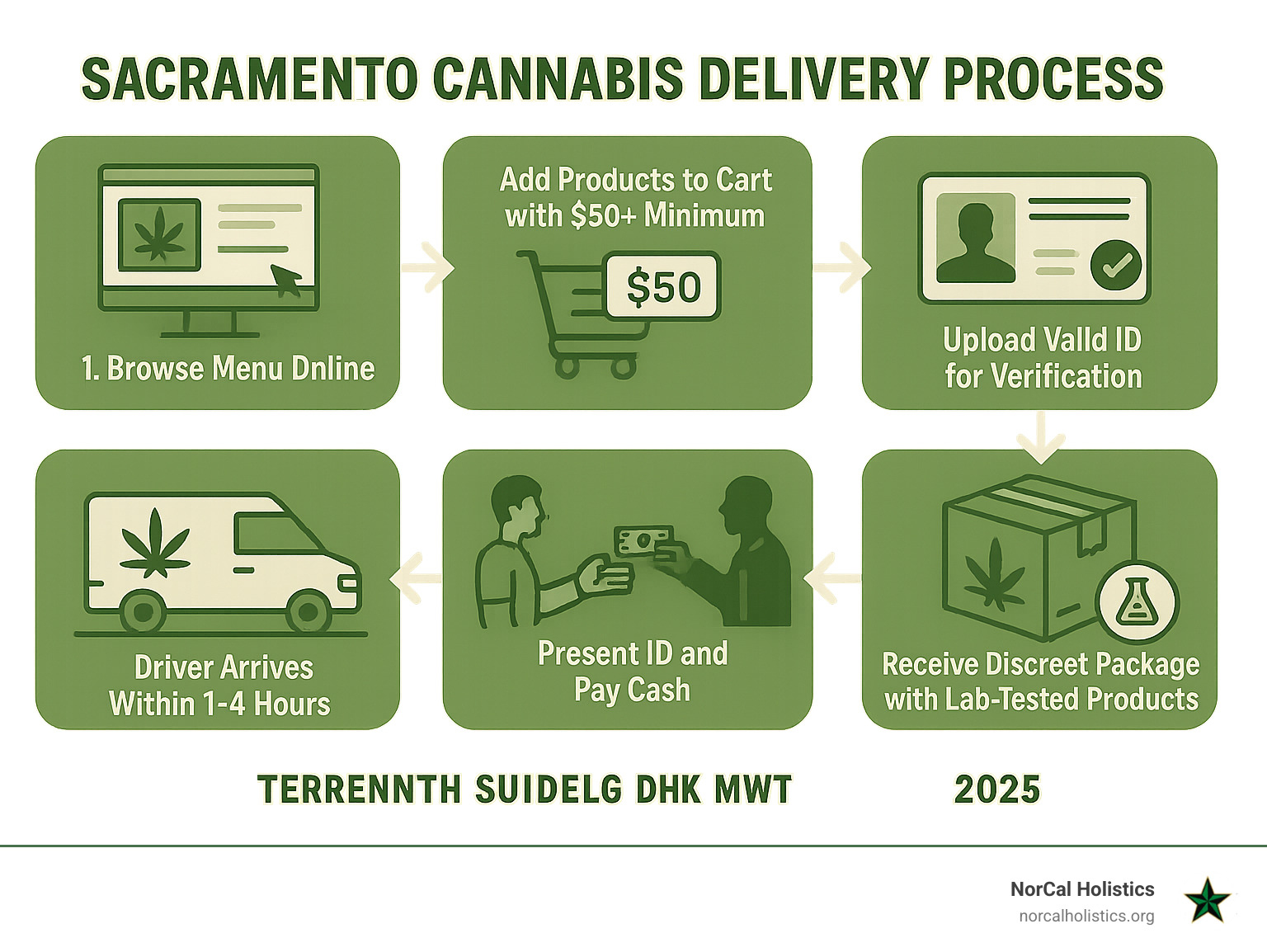 Infographic showing Sacramento cannabis delivery process: 1) Browse menu online 2) Add products to cart with $50+ minimum 3) Upload valid ID for verification 4) Choose delivery time slot 5) Driver arrives within 1-4 hours 6) Present ID and pay cash 7) Receive discreet package with lab-tested products - dispensary delivery sacramento infographic 