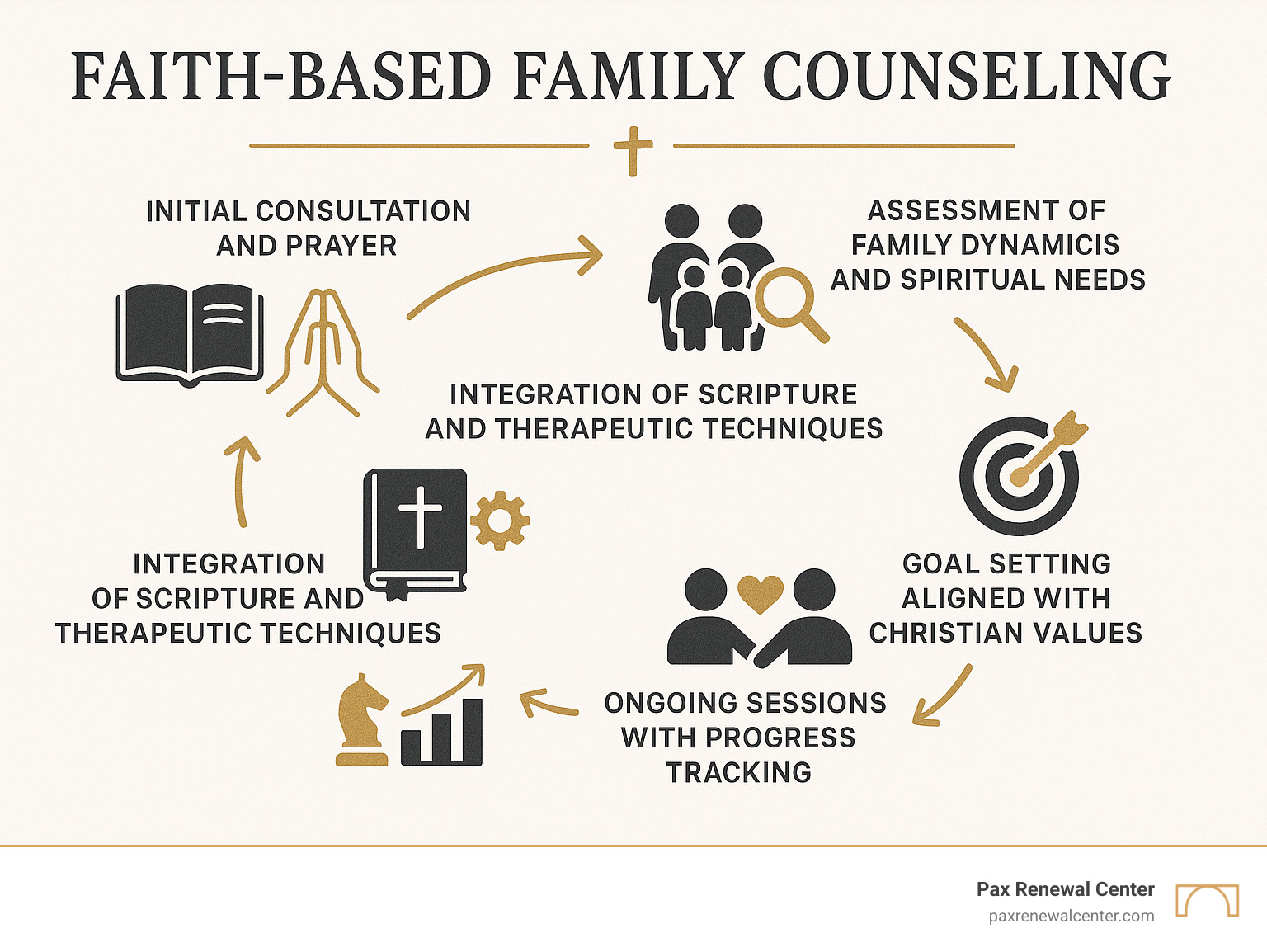 Infographic showing the faith-based family counseling process: Initial consultation and prayer, assessment of family dynamics and spiritual needs, integration of scripture and therapeutic techniques, goal setting aligned with Christian values, ongoing sessions with progress tracking, and outcomes including stronger relationships and deeper faith - faith based family counseling infographic Infographic showing the faith-based family counseling process: Initial consultation and prayer, assessment of family dynamics and spiritual needs, integration of scripture and therapeutic techniques, goal setting aligned with Christian values, ongoing sessions with progress tracking, and outcomes including stronger relationships and deeper faith - faith based family counseling infographic
