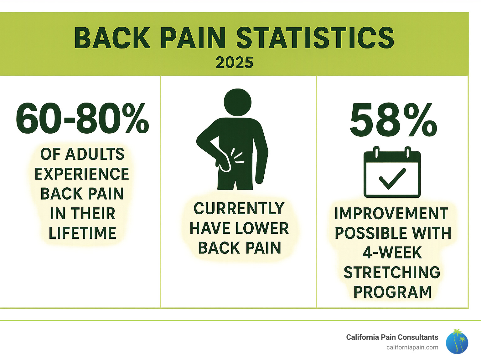 Infographic showing back pain statistics: 60-80% of adults experience back pain in their lifetime, 25% currently have lower back pain, and 58% improvement possible with 4-week stretching program - back stretches infographic 