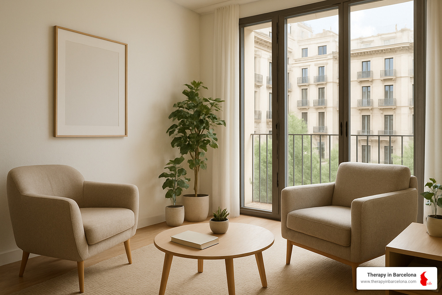 Modern therapy office in Barcelona's Eixample district with comfortable seating and natural light - couples and family therapy Modern therapy office in Barcelona's Eixample district with comfortable seating and natural light - couples and family therapy