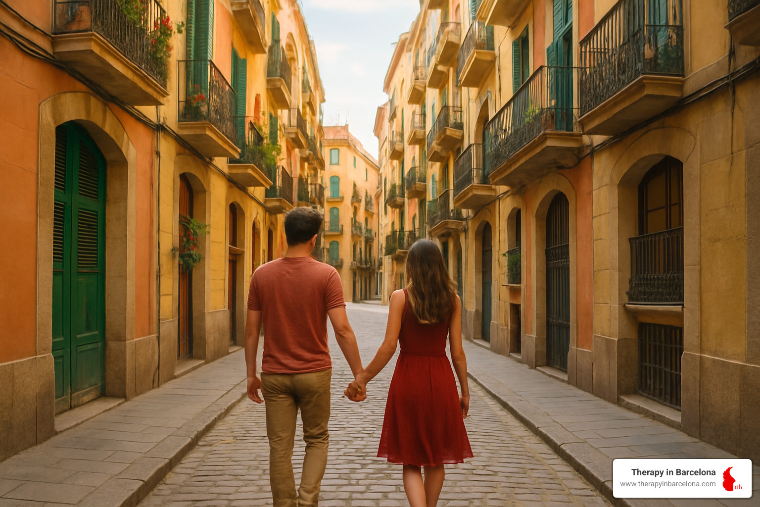 Couple walking hand in hand through Barcelona's charming streets, representing renewed connection and harmony - couples and family therapy Couple walking hand in hand through Barcelona's charming streets, representing renewed connection and harmony - couples and family therapy